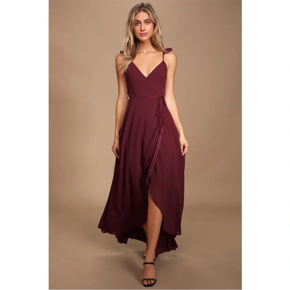 Lulus Maxi Dress Burgundy Chiffon Wrap High-Low Heres to Us A-Line Formal Size M - Picture 1 of 11